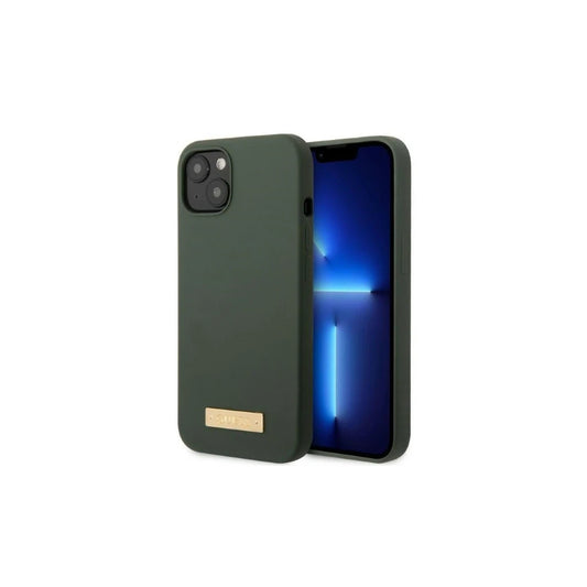 Guess GUHMP13MSBPLA iPhone 13/14/15 készülékhez 6.1" kemény tok Silicone Logo Plate MagSafe khaki -  iPhone 13/14 tok a Domshop kínálatából