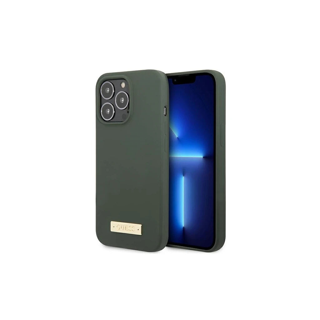 Guess GUHMP13XSPLA iPhone 13 Pro Max 6,7" készülékhez kemény tok Silicone Logo Plate MagSafe khaki -  iPhone 13 Pro Max tok a Domshop kínálatából