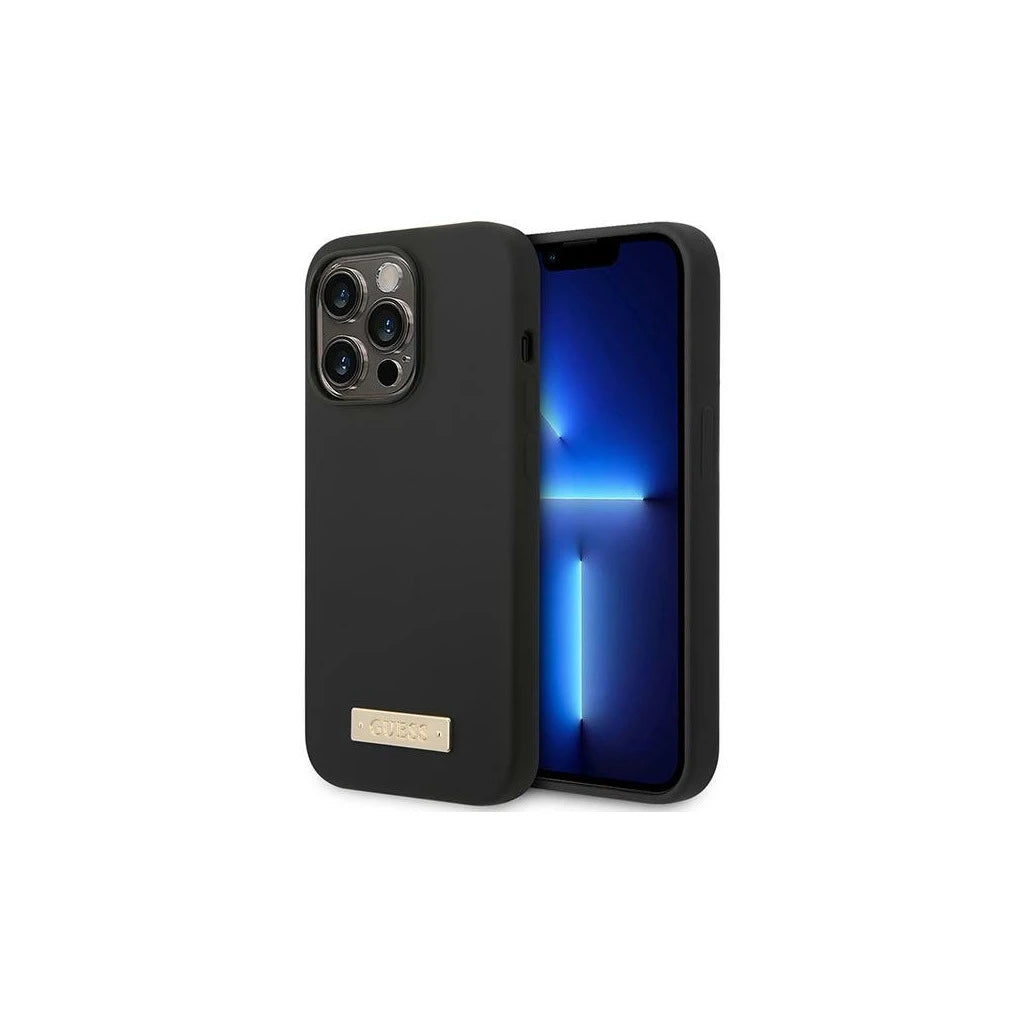 Guess GUHMP14LSBPLK iPhone 14 Pro 6,1 készülékhez kemény tok Silicone Logo Plate MagSafe fekete -  iPhone 14 Pro tok a Domshop kínálatából