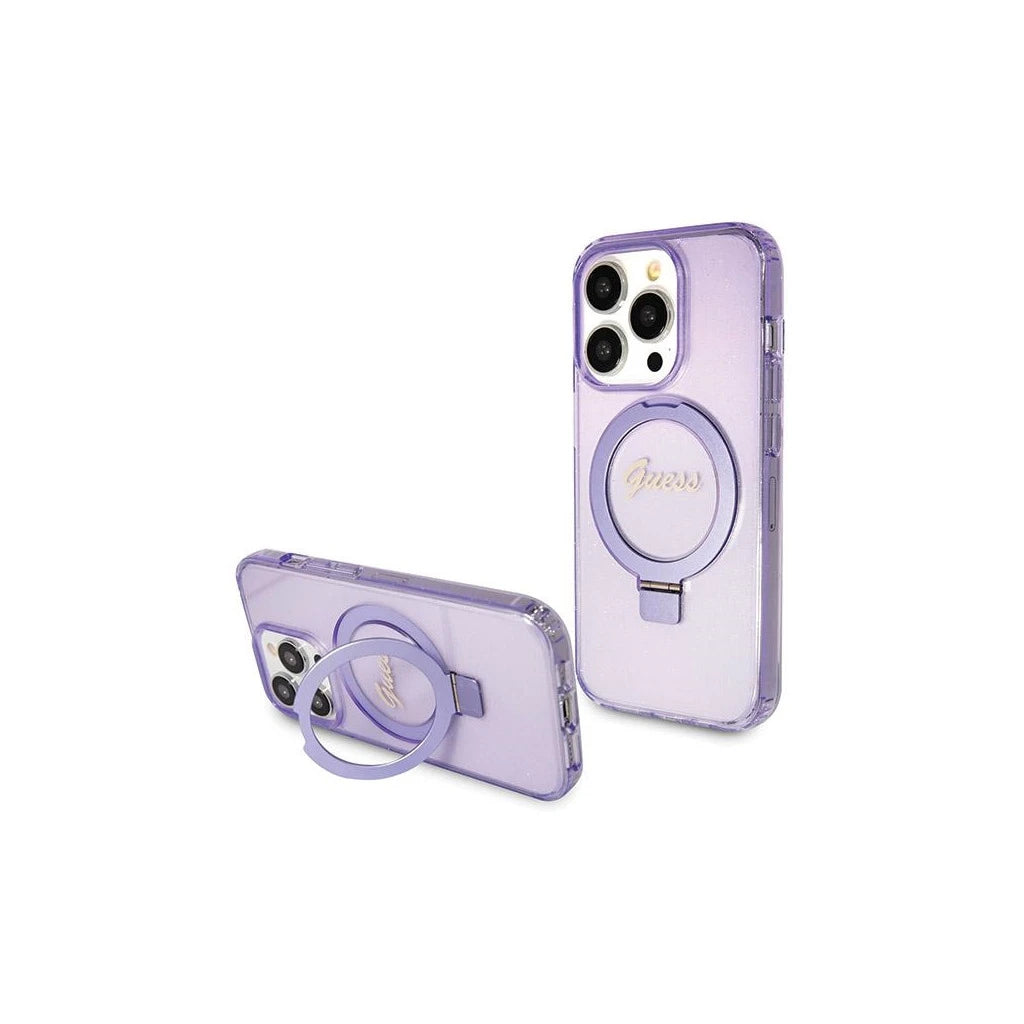 Guess GUHMP14XHRSGSU iPhone 14 Pro Max 6.7 készülékhez kemény tok Ring Stand Script Glitter MagSa lila -  iPhone 14 Pro Max tok a Domshop kínálatából