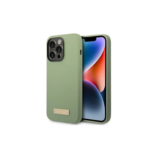 Guess GUHMP14XSBPLA iPhone 14 Pro Max 6.7" készülékhez kemény tok Silicone Logo Plate MagSafe khaki -  iPhone 14 Pro Max tok a Domshop kínálatából