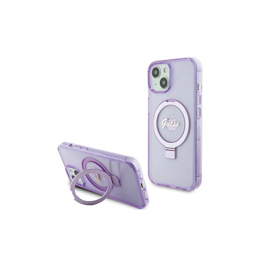 Guess GUHMP15MHRSGSU iPhone 15 Plus/14 Plus készülékhez 6.7" kemény tok Ring Stand Script Glitte lila -  iPhone 14 Plus/15Plus tok a Domshop kínálatából
