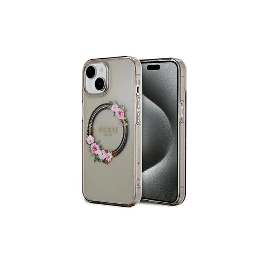 Guess GUHMP15SHFWFCK iPhone 15/14/13 6.1" készülékhez kemény tok IML Flowers Wreatch MagSafe fekete -  iPhone 13/14/15 tok a Domshop kínálatából