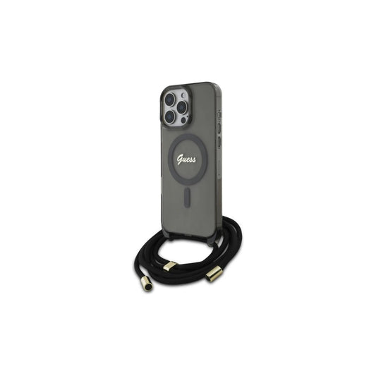 Guess GUHMP16LHCTSGNSK iPhone 16 Pro 6.3" készülékhez keménytok Crossbody Cord Script MagSafe fekete -  iPhone 16 Pro tok a Domshop kínálatából