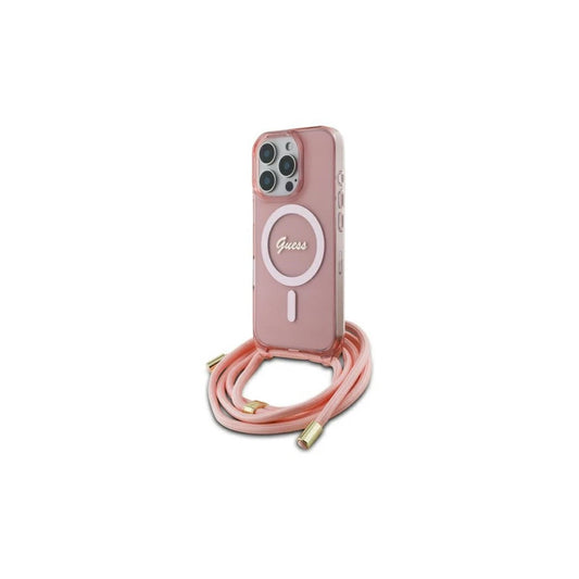 Guess GUHMP16LHCTSGNSP iPhone 16 Pro készülékhez 6.3" kemény tok Crossbody Cord Script MagSafe rózsaszín -  iPhone 16 Pro tok a Domshop kínálatából