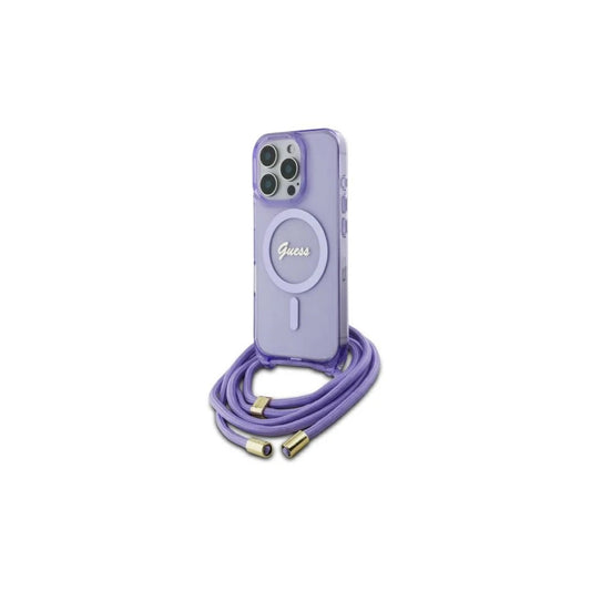 Guess GUHMP16LHCTSGNSU iPhone 16 Pro készülékhez 6.3" kemény tok Crossbody Cord Script MagSafe lila -  iPhone 16 Pro tok a Domshop kínálatából