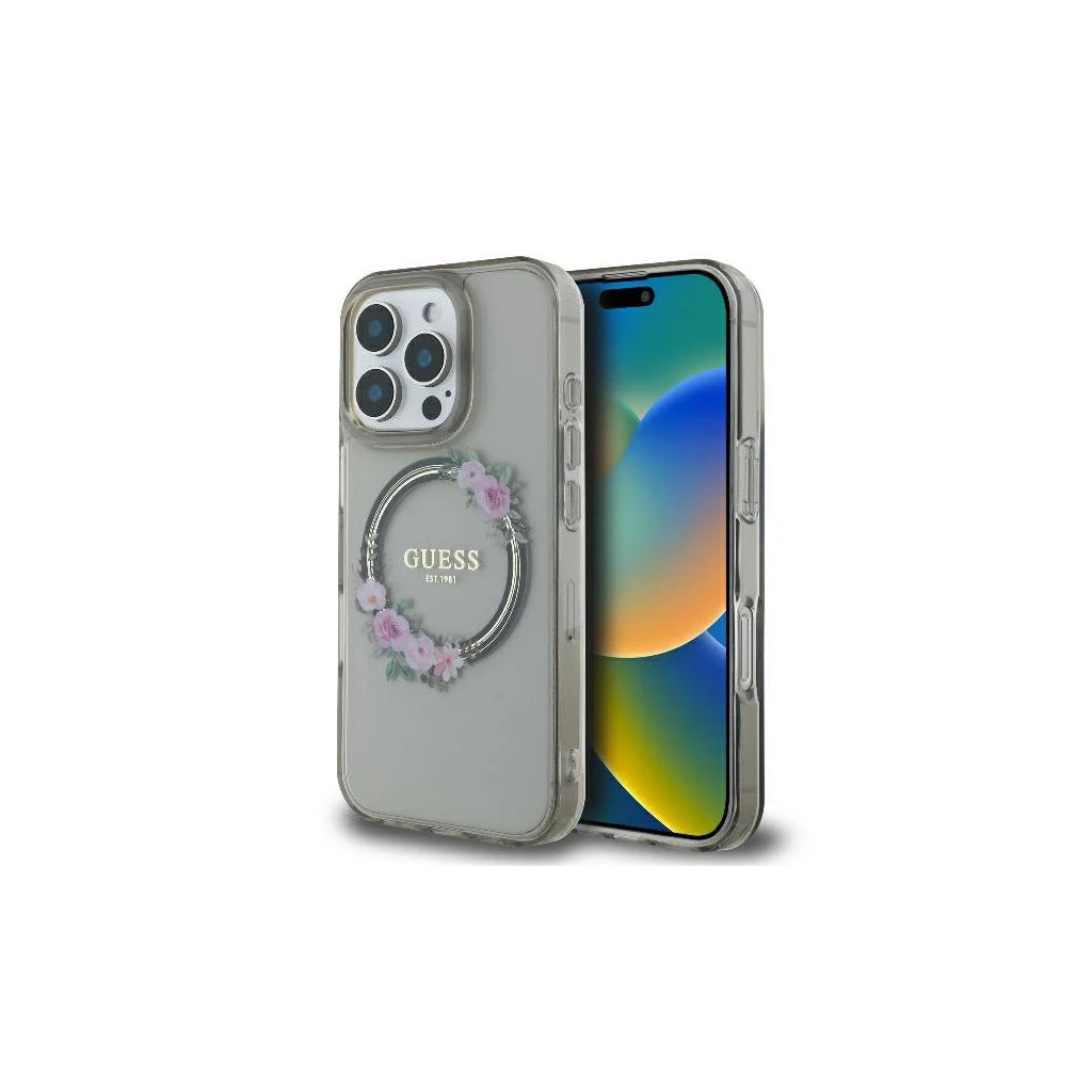 Guess GUHMP16LHFWFCK iPhone 16 Pro készülékhez 6.3" kemény tok IML Flowers Wreath MagSafe fekete -  iPhone 16 Pro Max tok a Domshop kínálatából