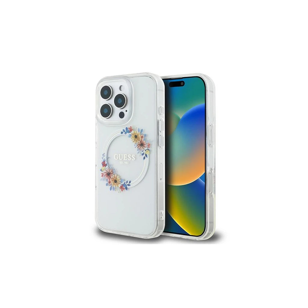 Guess GUHMP16LHFWFCT iPhone 16 Pro 6.3" készülékhez kemény tok IML Flowers Wreath MagSafe átlátszó -  iPhone 16 Pro tok a Domshop kínálatából
