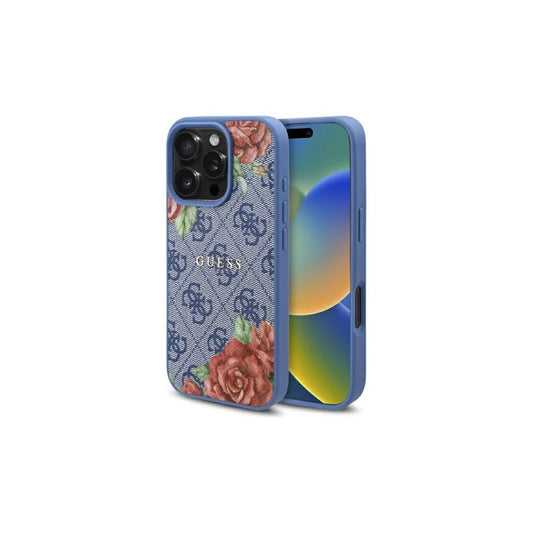 Guess GUHMP16LP4ROPEMCB iPhone 16 Pro 6.3 készülékhez kemény tok, 4G Flowers Print, MagSafe, kék -  iPhone 16 Pro tok a Domshop kínálatából