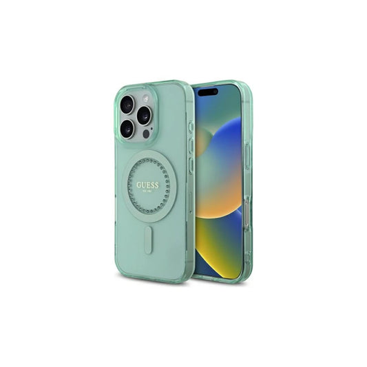 Guess GUHMP16LPFTDTEN iPhone 16 Pro készülékhez 6.3" kemény tok IML Rhinestones MagSafe zöld -  iPhone 16 Pro tok a Domshop kínálatából