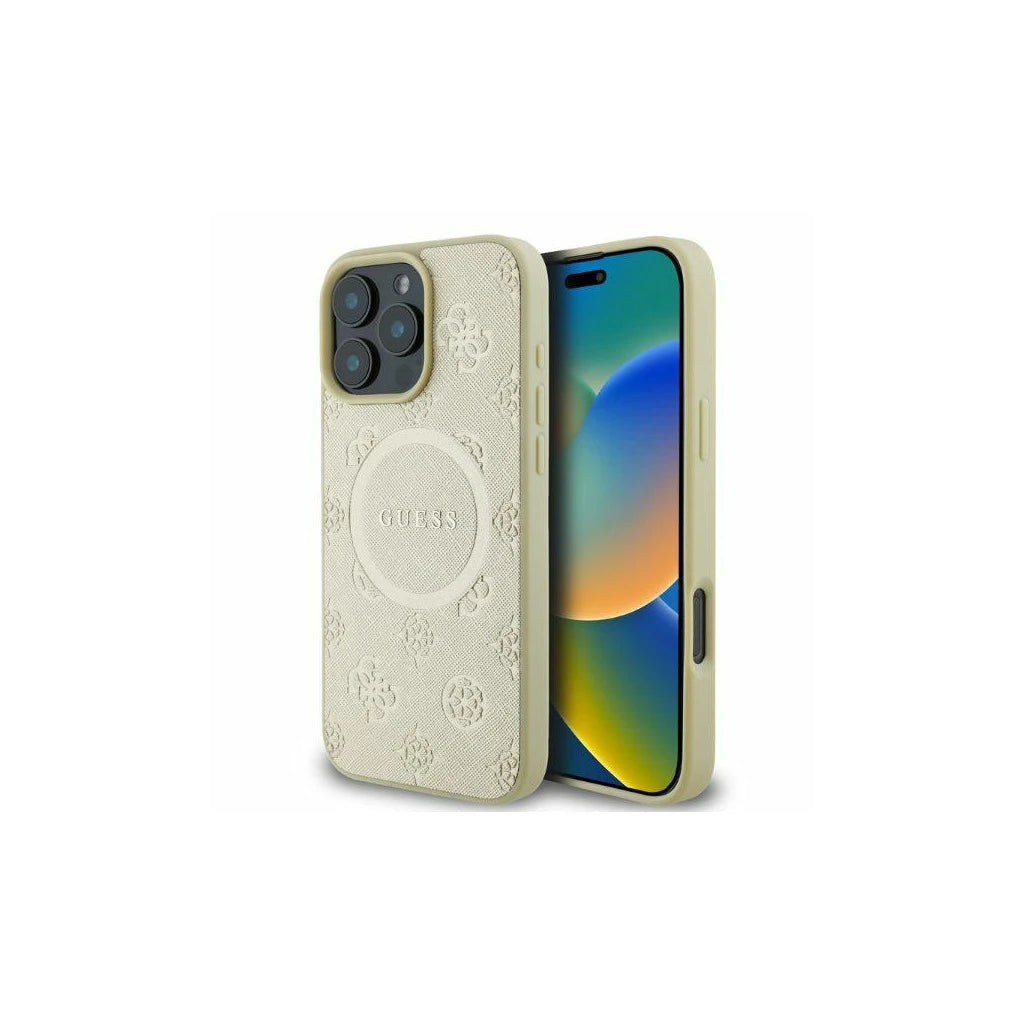 Guess GUHMP16LPSAPSMED iPhone 16 Pro 6.3" készülékhez kemény tok Saffiano Peony Classic Logo MagSafe arany -  iPhone 16 Pro tok a Domshop kínálatából
