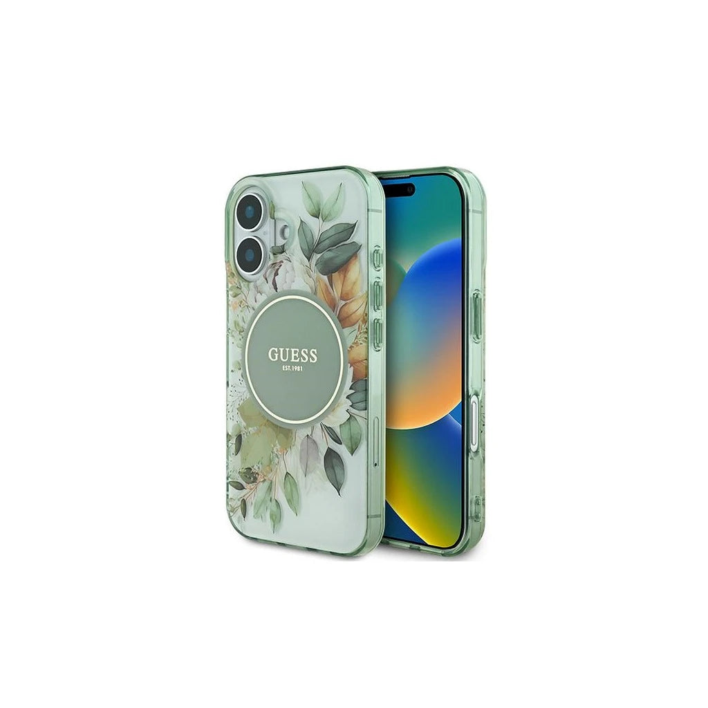 Guess GUHMP16MHFWBDCEN iPhone 16 Plus készülékhez 6.7 hüvelykes merev tok IML Flower & Tonal Circle MagSafe zöld -  iPhone 16 Plus tok a Domshop kínálatából