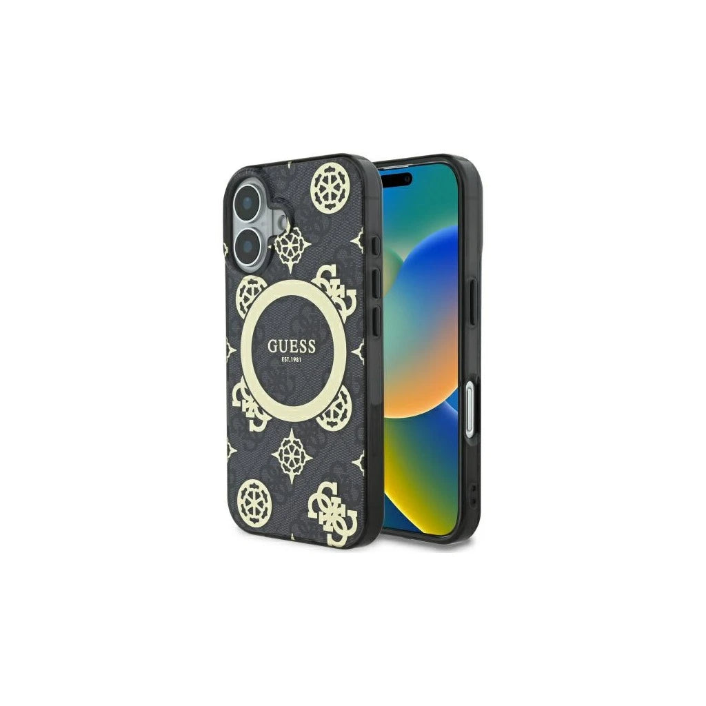 Guess GUHMP16SH4PYEEK iPhone 16 6.1" készülékhez kemény tok IML Peony On 4G Background MagSafe fekete -  iPhone 16 tok a Domshop kínálatából
