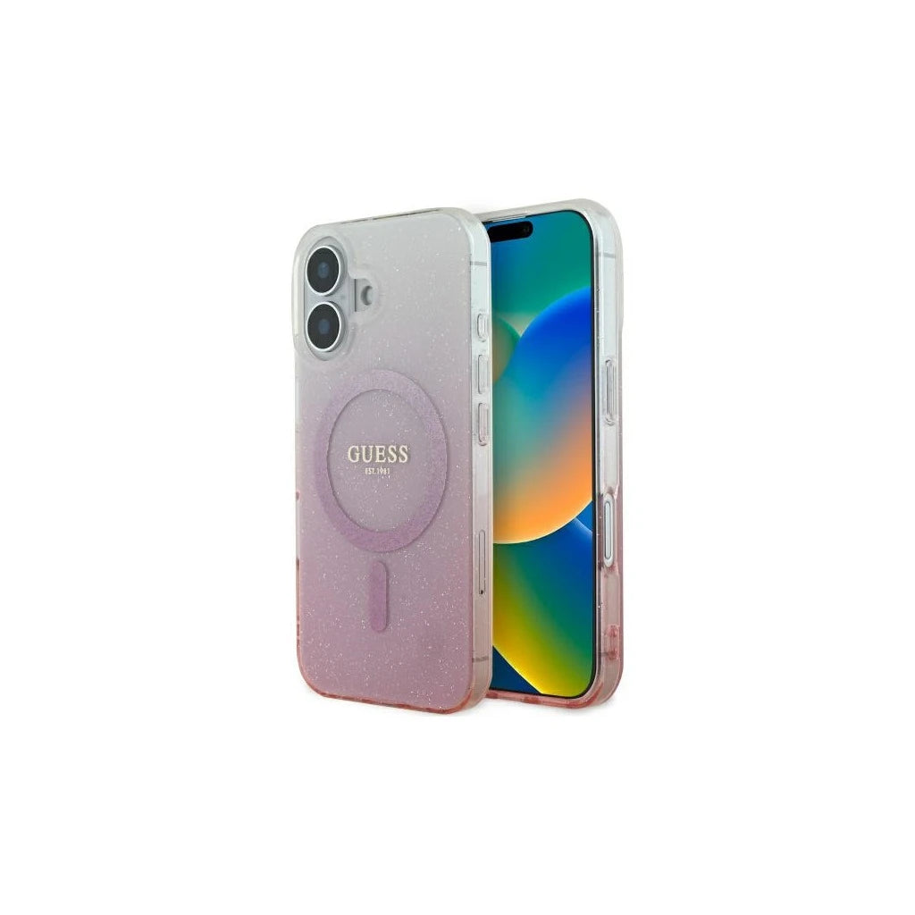 Guess GUHMP16SHGRCELP iPhone 16 6.1 készülékhez kemény tok IML Glitter Gradient MagSafe rózsaszín -  iPhone 16 tok a Domshop kínálatából
