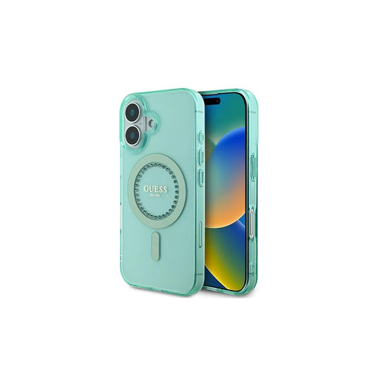 Guess GUHMP16SPFTDTEN iPhone 16 6.1" készülékhez kemény tok IML Rhinestones MagSafe zöld -  iPhone 16 tok a Domshop kínálatából