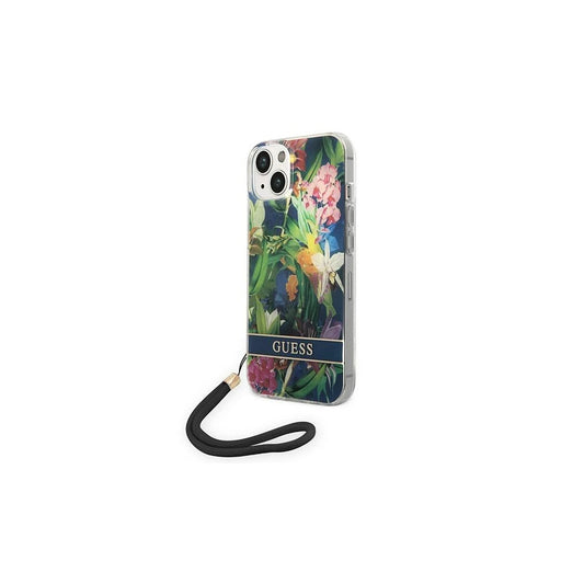 Guess GUOHCP14SHFLSB iPhone 14 / 15 / 13 6.1" készülékhez kemény tok Flower Strap kék -  iPhone 13/14/15 tok a Domshop kínálatából