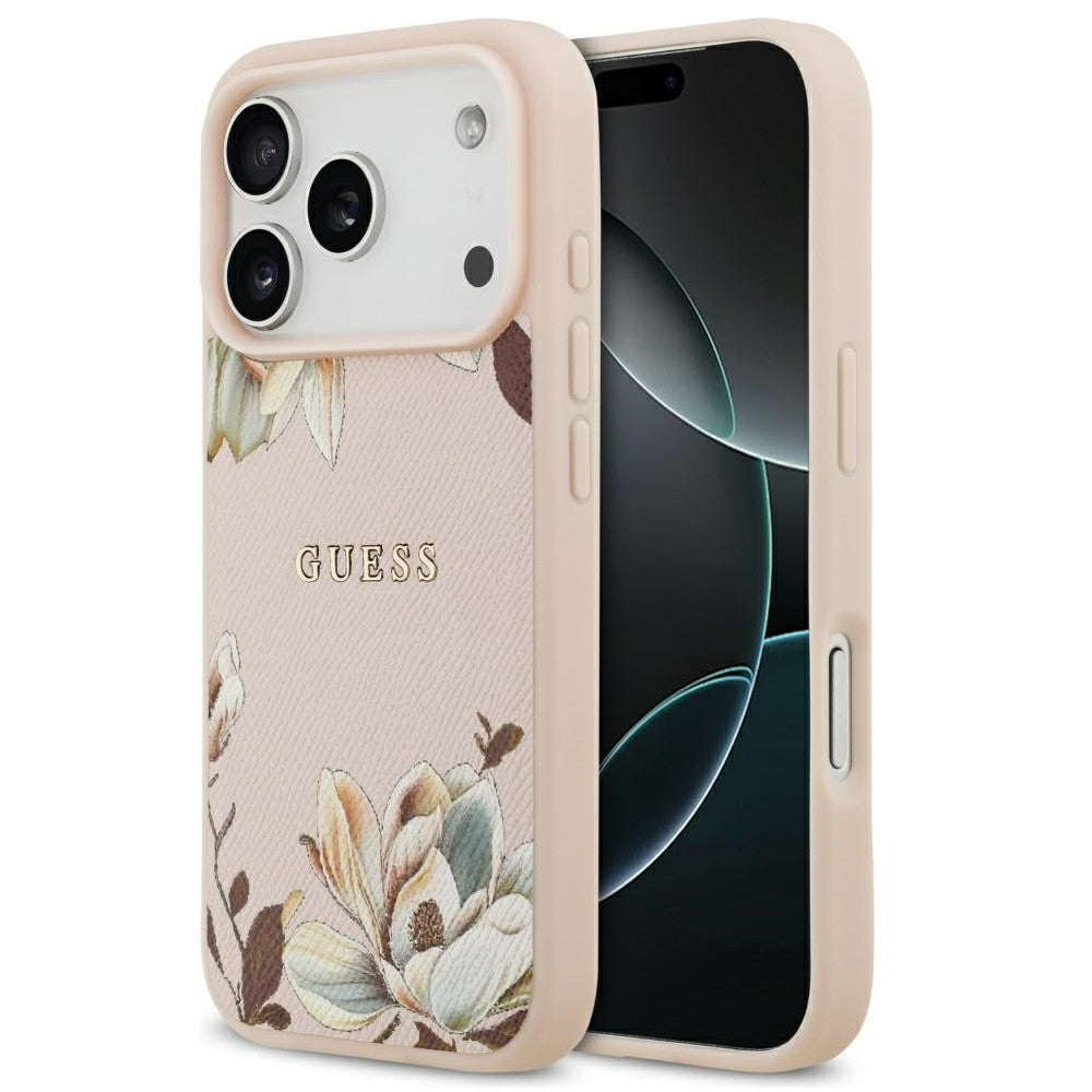 Guess Grained Flowers Classic Logo Apple iPhone 17 Pro MagSafe tok, virág minta, rózsaszín -  iPhone 17 Pro tok a Domshop kínálatából