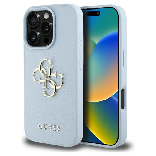 Guess Grained tok iPhone 16 Pro Max készülékhez nagy 4G logóval és kis klasszikus logóval kék -  iPhone 16 Pro Max tok a Domshop kínálatából