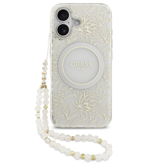Guess IML Flowers Allover Strap Apple iPhone 17 MagSafe hátlap tok, fehér -  iPhone 17 tok a Domshop kínálatából