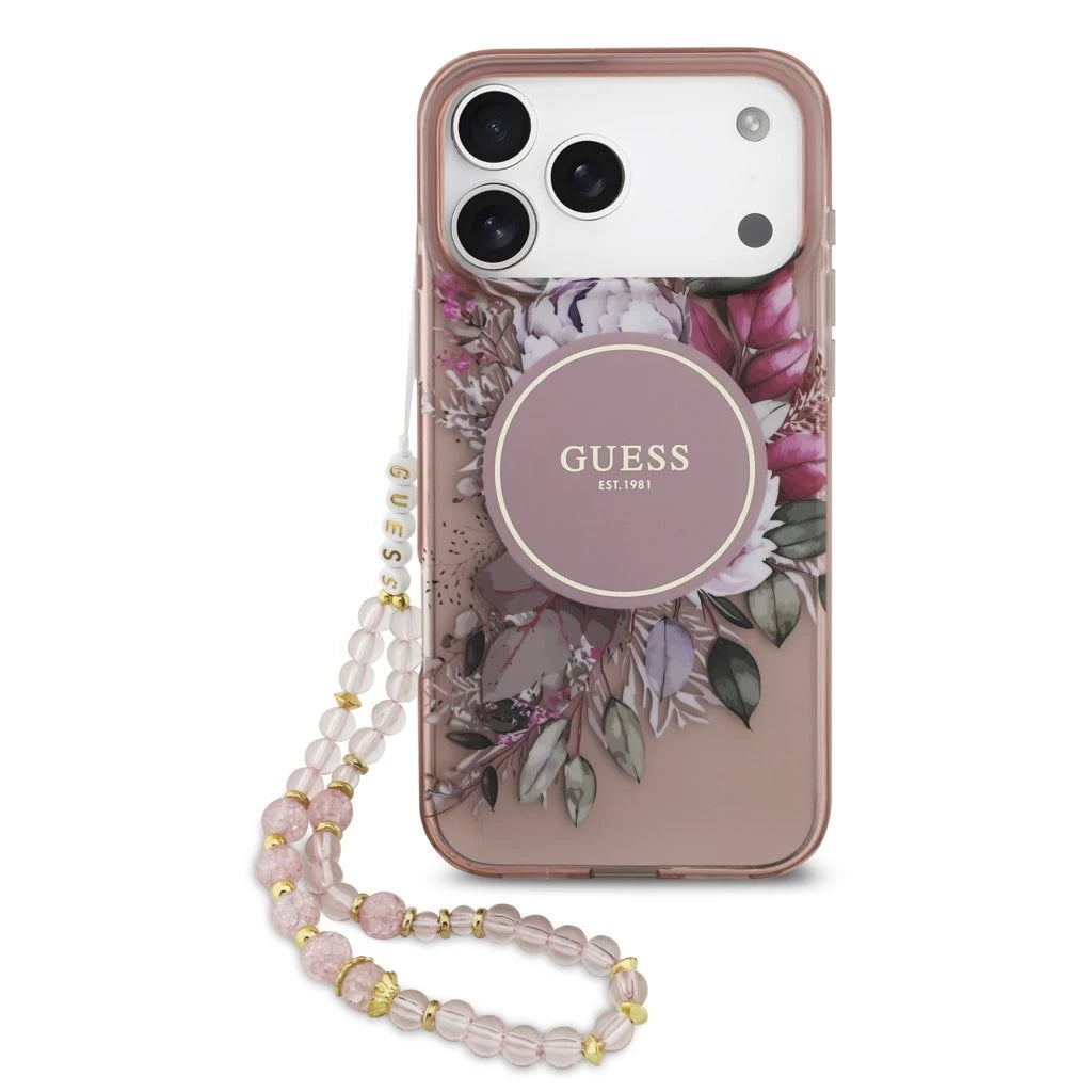 Guess IML Flowers Strap MagSafe tok iPhone 17 Pro Max készülékhez rózsaszín -  iPhone 17 Pro Max tok a Domshop kínálatából