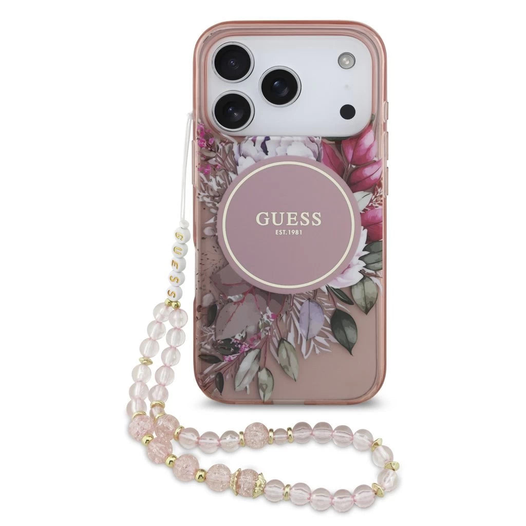 Guess IML Flowers Strap MagSafe tok iPhone 17 Pro készülékhez rózsaszín -  iPhone 17 Pro tok a Domshop kínálatából