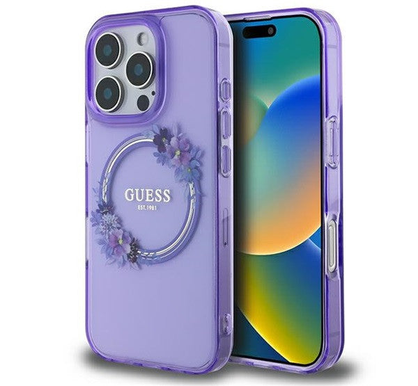 Guess IML Flowers Wreath iPhone 16 Pro MagSafe kemény hátlap tok, lila GUHMP16LHFWFCU -  iPhone 16 Pro tok a Domshop kínálatából