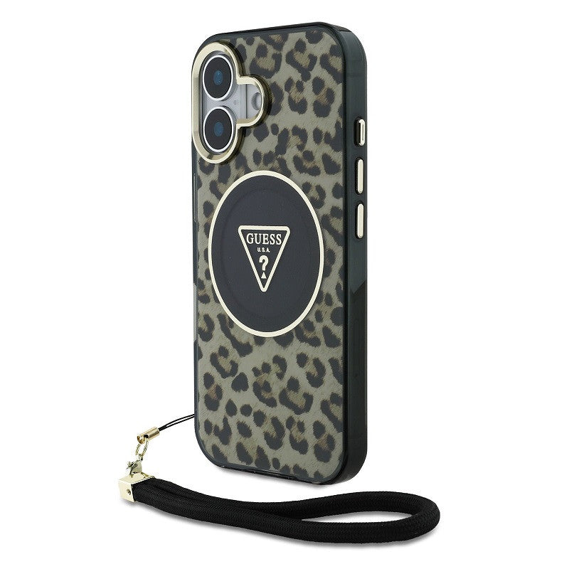 Guess IML Leopard Triangle Logo Strap iPhone 16 MagSafe hátlap tok, barna -  iPhone 16 tok a Domshop kínálatából