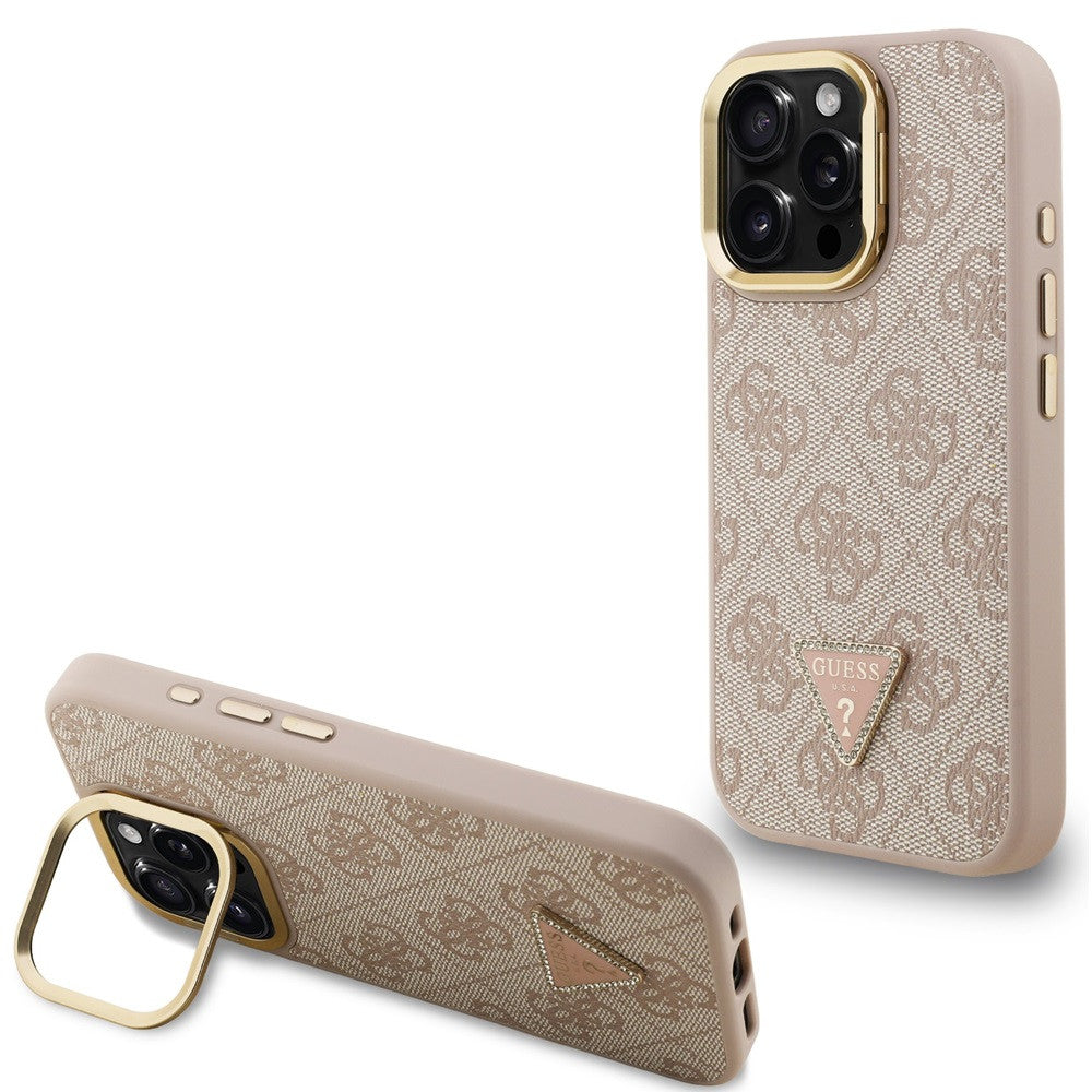 Guess PU 4G Strass Triangle Logo Apple iPhone 15 Pro MagSafe tok kitámasztható kamera peremmel, rózsaszín-arany -  iPhone 15 Pro tok a Domshop kínálatából