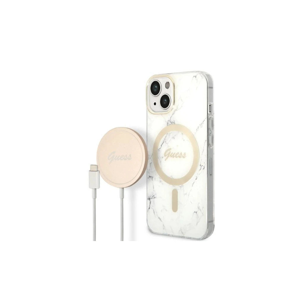 Guess Set GUBPP14MHMEACSH kemény tok + töltő iPhone 14 Plus / 15 Plus készülékhez 6.7″ Marble fehér -  iPhone 14 Plus/15Plus tok a Domshop kínálatából