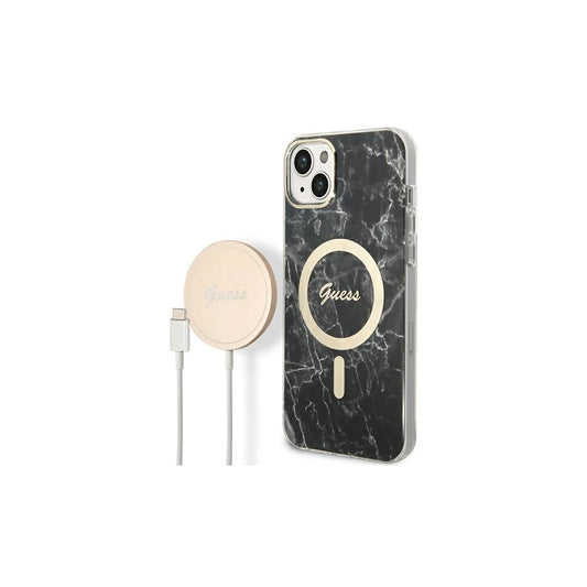 Guess Set GUBPP14MHMEACSK iPhone 14 Plus / 15 Plus készülékhez 6.7 hüvelykes kemény tok+töltő Marbl fekete -  iPhone 14 Plus/15Plus tok a Domshop kínálatából