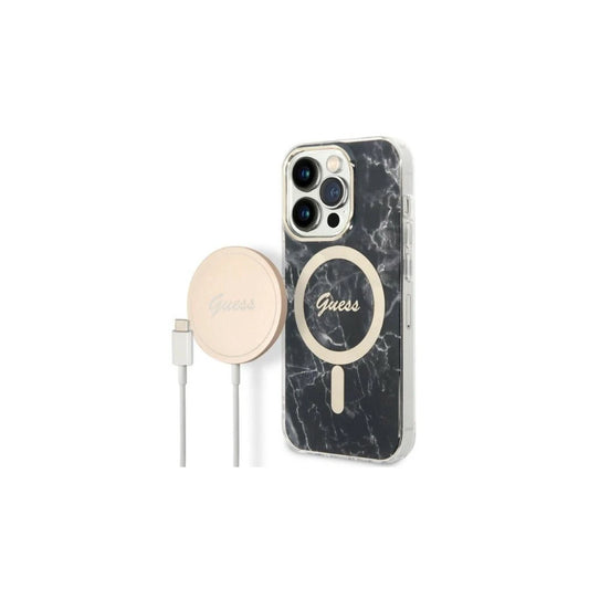 Guess Set GUBPP14XHMEACSK kemény tok+ töltő iPhone 14 Pro Max 6,7 készülékhez Marble MagSa fekete -  iPhone 14 Pro Max tok a Domshop kínálatából
