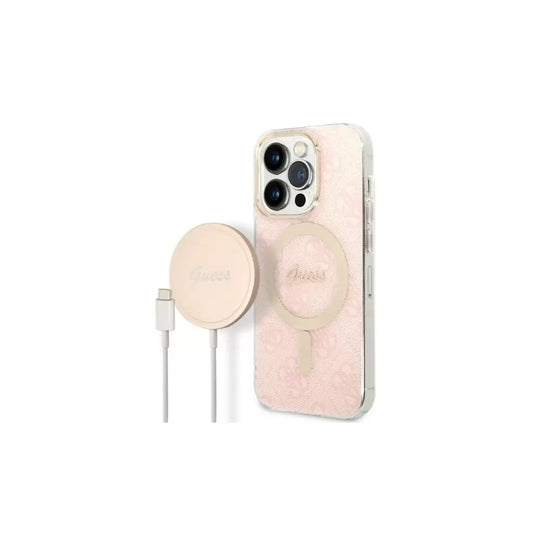 Guess csomag GUBPP14LH4EACSP - Guess MagSafe pink tok + Guess vezeték nélküli töltő Apple iPhone 14 Pro készülékhez -  iPhone 14 Pro tok a Domshop kínálatából