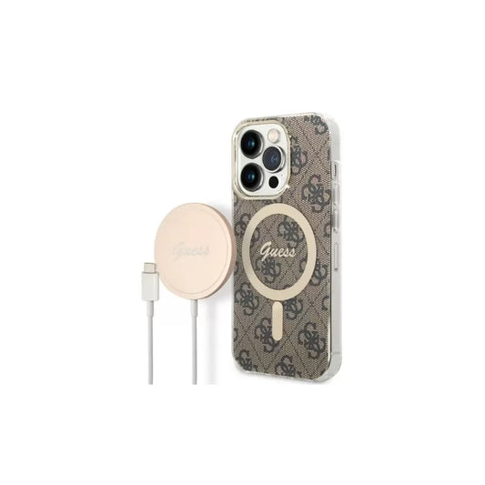 Guess csomag GUBPP14LH4EACSW - Guess MagSafe barna tok + Guess vezeték nélküli töltő Apple iPhone 14 Pro készülékhez -  iPhone 14 Pro tok a Domshop kínálatából