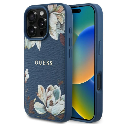 Guess tok Grained Printed Flower Pattern MagSafe iPhone 16 Pro készülékhez kék -  iPhone 16 Pro tok a Domshop kínálatából