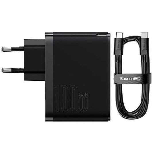 Hálózati töltő adapter, 100W, USB aljzat, USB Type-C aljzat, USB Type-C - USB Type-C kábellel, gyorstöltés, PD 3.0, QC 4.0, GaN5, Baseus GaN5 Pro, fekete -  Adapter a Domshop kínálatából