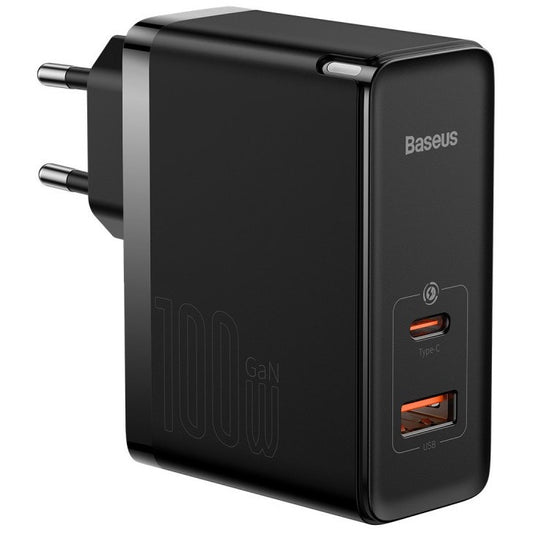 Hálózati töltő adapter, 100W, USB aljzat, USB Type-C aljzat, USB Type-C - USB Type-C kábellel, gyorstöltés, PD 3.0, QC 4.0, GaN5, Baseus GaN5 Pro, fekete -  Adapter a Domshop kínálatából