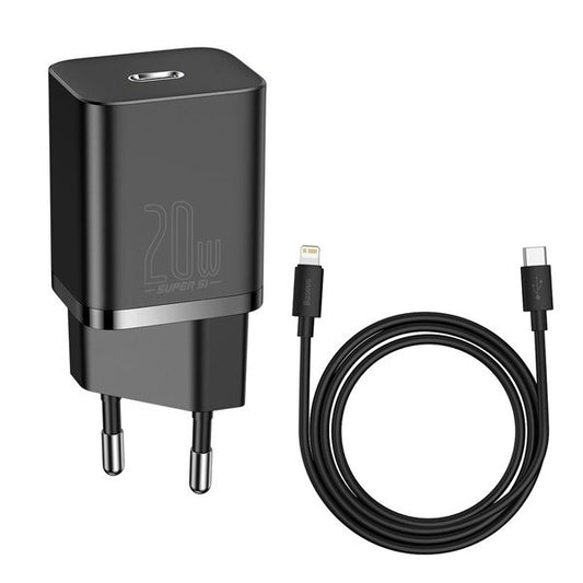 Hálózati töltő adapter, 20W, USB Type-C aljzat, USB Type-C - Lightning kábellel, gyorstöltés, PD, Baseus Si, fekete -  Adapter a Domshop kínálatából