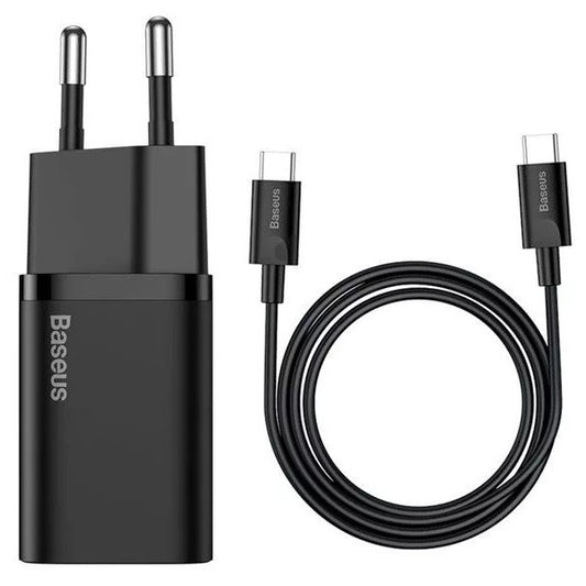 Hálózati töltő adapter, 25W, USB Type-C aljzat, USB Type-C kábellel, gyorstöltés, PD 3.0, QC 3.0, Baseus, fekete -  Adapter a Domshop kínálatából