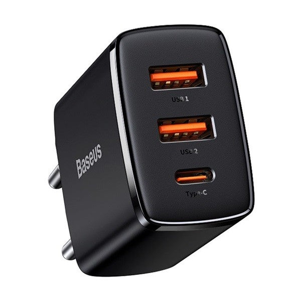 Hálózati töltő adapter, 30W, 2 x USB aljzat, USB Type-C aljzat, gyorstöltés, PD 3.0, QC 3.0, Baseus Compact, fekete -  Adapter a Domshop kínálatából