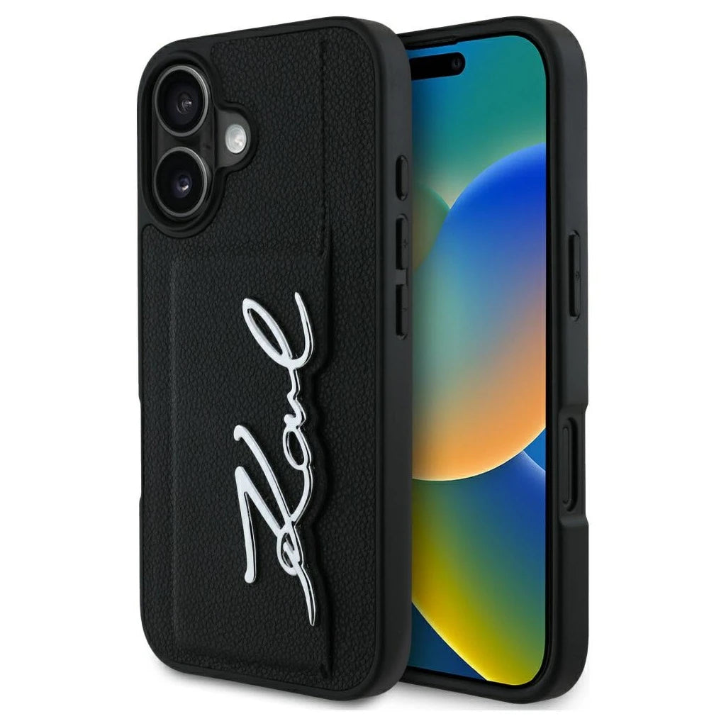 Karl Lagerfeld HC Grained PU Cardslot Metal Signature tok iPhone 16 készülékhez fekete -  iPhone 16 tok a Domshop kínálatából