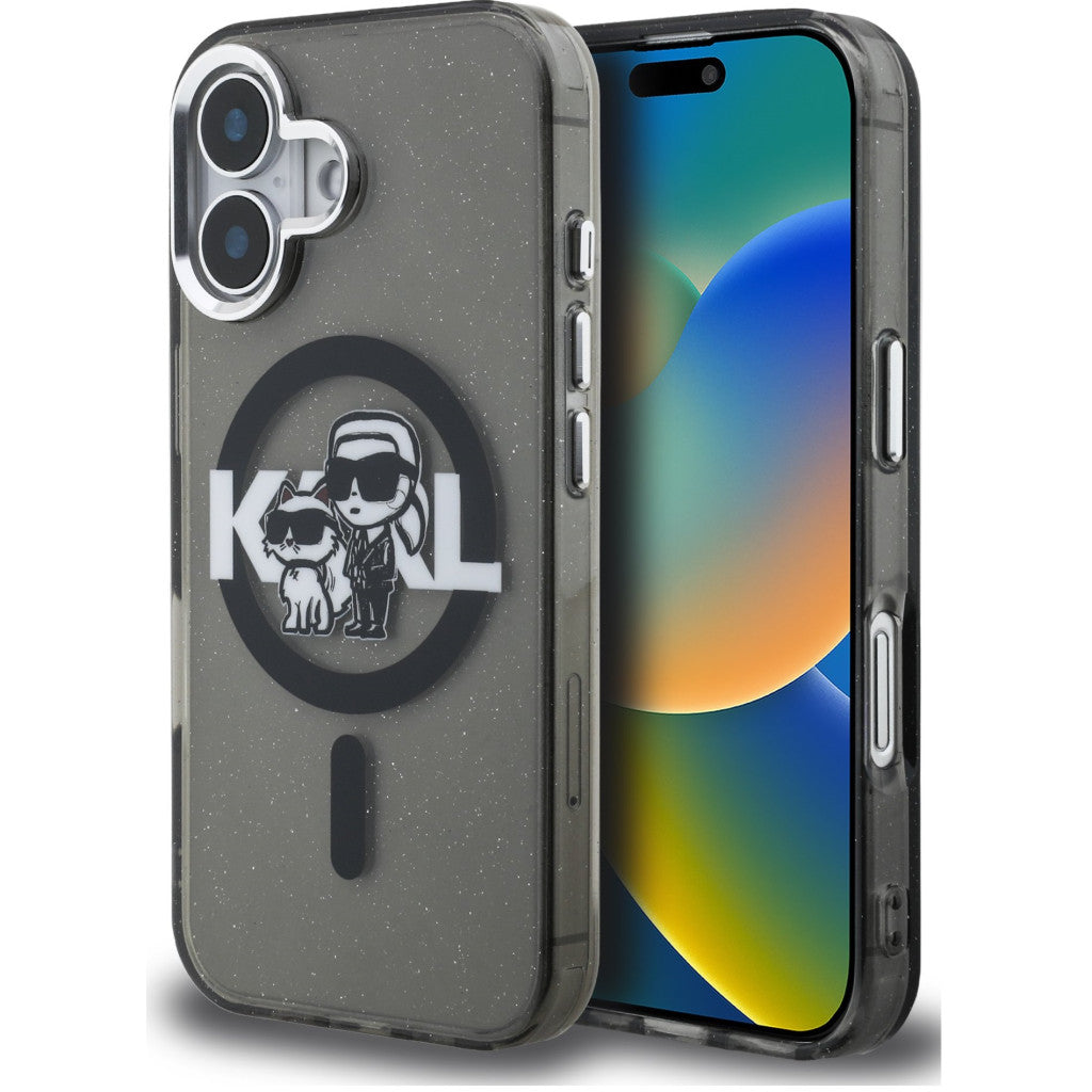 Karl Lagerfeld IML Glitter Karl and Choupette Sketch iPhone 16 MagSafe kompatibilis hátlap tok, fekete -  iPhone 16 tok a Domshop kínálatából