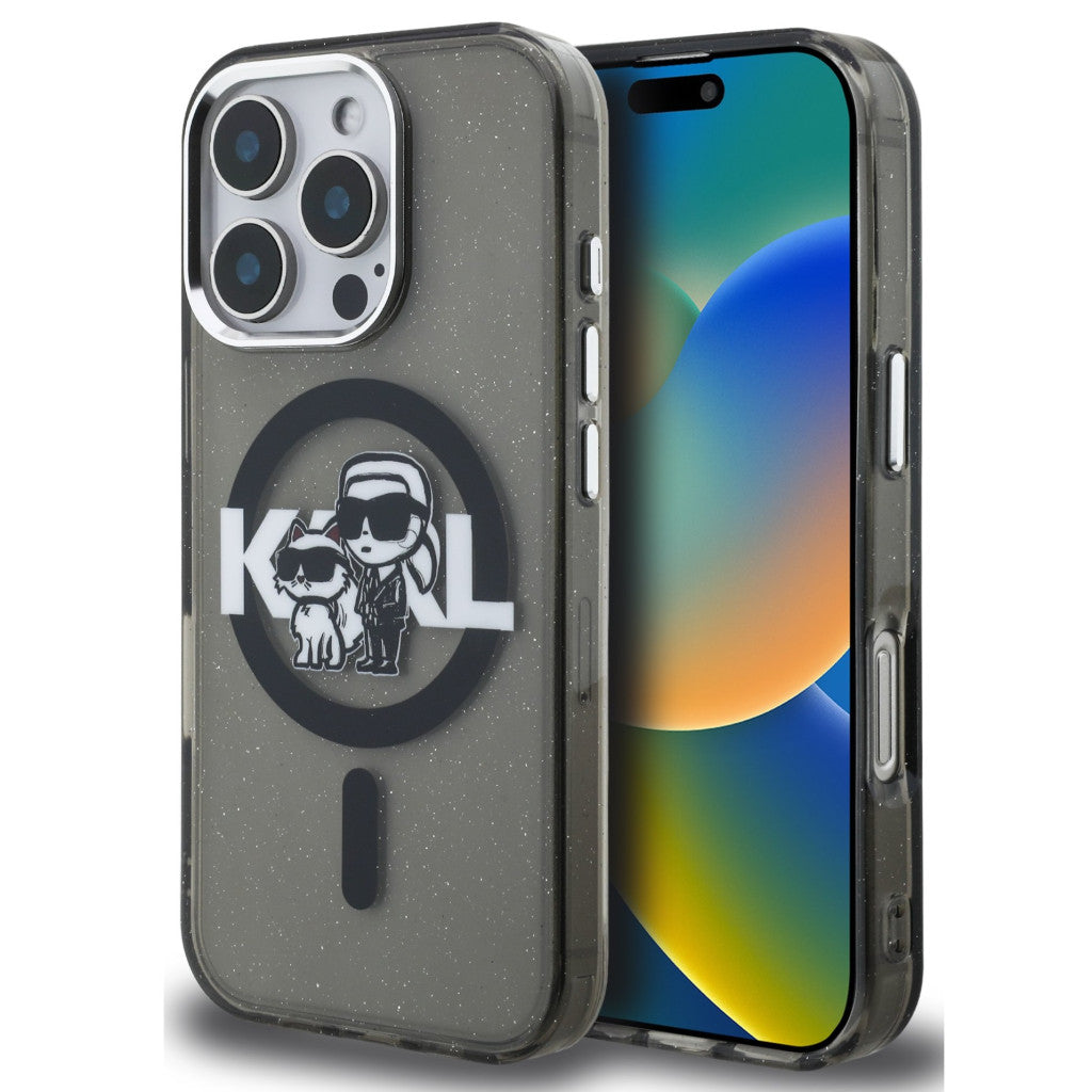 Karl Lagerfeld IML Glitter Karl and Choupette Sketch iPhone 16 Pro MagSafe kompatibilis hátlap tok, fekete -  iPhone 16 Pro tok a Domshop kínálatából