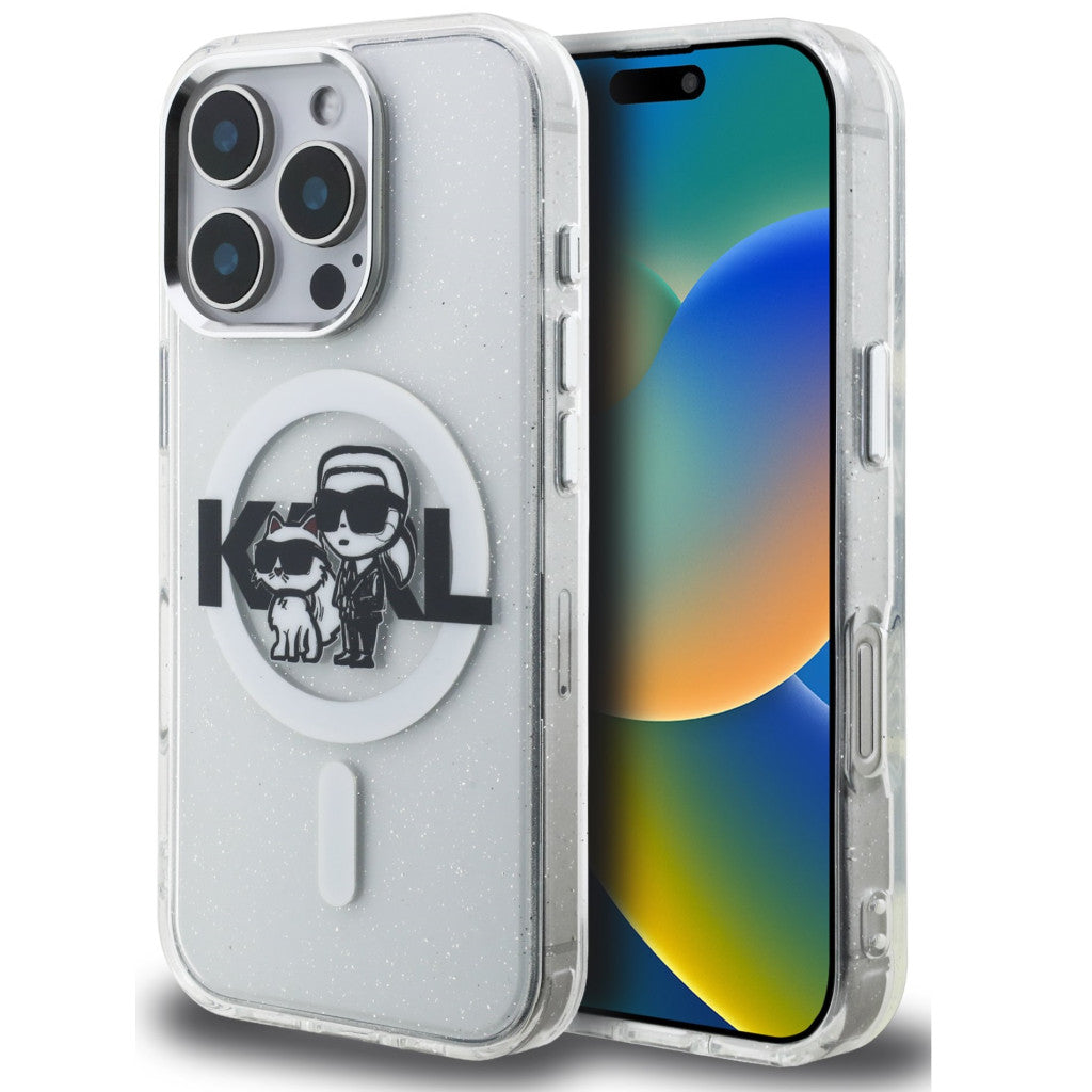 Karl Lagerfeld IML Glitter Karl and Choupette Sketch iPhone 16 Pro MagSafe kompatibilis hátlap tok, átlátszó -  iPhone 16 Pro tok a Domshop kínálatából