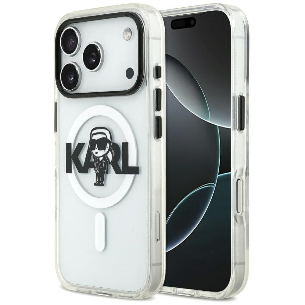 Karl Lagerfeld IML Karl Sketch Logo iPhone 17 Pro MagSafe kompatibilis hátlap tok, átlátszó -  iPhone 17 Pro tok a Domshop kínálatából