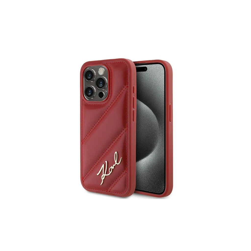 Karl Lagerfeld KLHCP15LPQDSMGR iPhone 15 Pro 6.1 készülékhez merev tok Diagonal Quilted Script piros -  iPhone 15 Pro tok a Domshop kínálatából