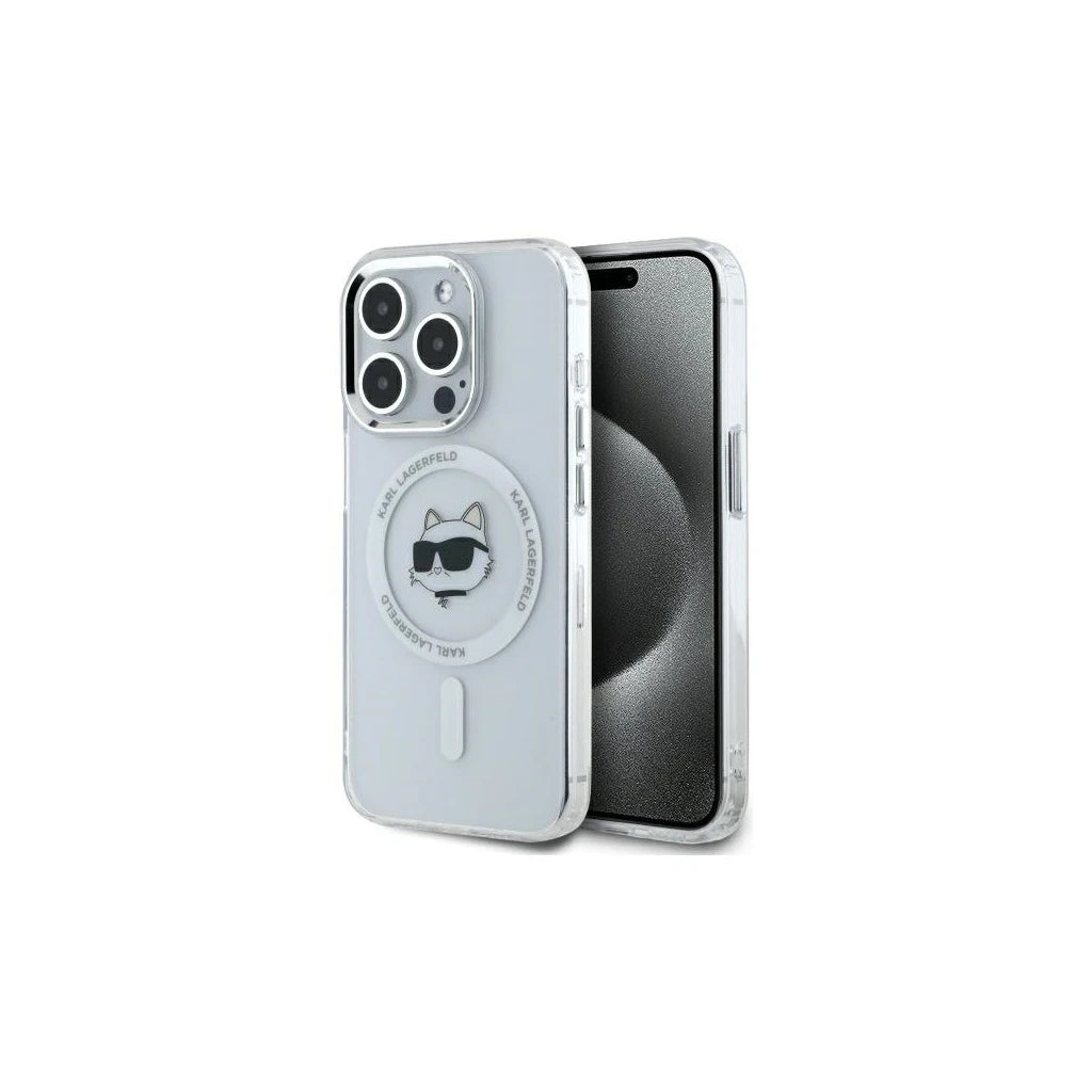 Karl Lagerfeld KLHMP15LHLSCHH iPhone 15 Pro 6.1 készülékhez kemény tok IML Metal Choupette Head MagSafe fehér -  iPhone 15 Pro tok a Domshop kínálatából