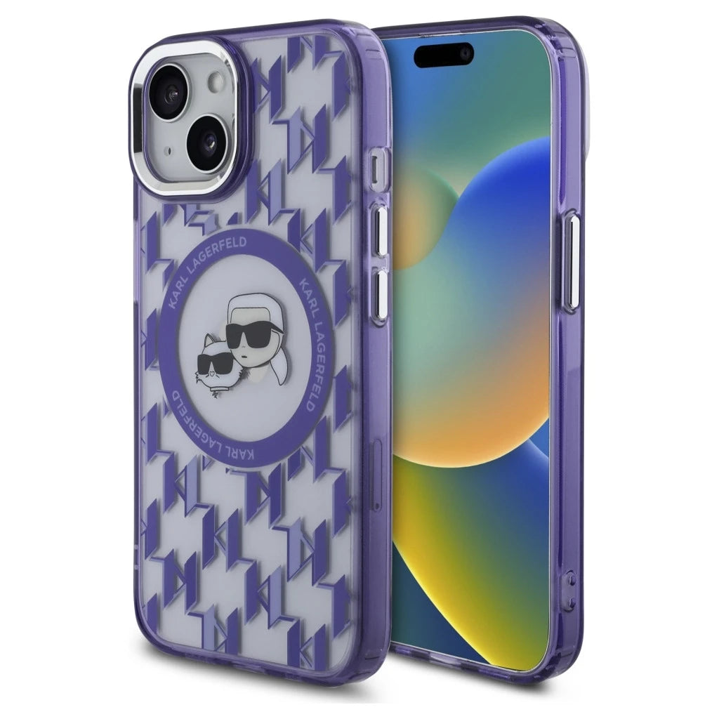 Karl Lagerfeld KLHMP15SHMCKMHU iPhone 15 6.1" készülékhez MagSafe tok IML Monogram Karl&Choupette Head lila -  iPhone 15 tok a Domshop kínálatából