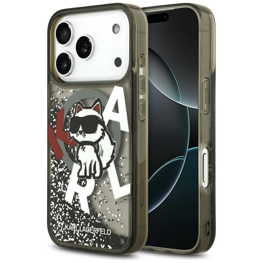 Karl Lagerfeld Liquid Glitter Choupette Logo Apple iPhone 17 Pro Max MagSafe kompatibilis hátlap tok, csillámos, fekete -  iPhone 17 Pro Max tok a Domshop kínálatából
