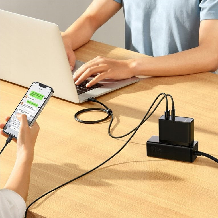 Hálózati töltő adapter, 100W, USB aljzat, USB Type-C aljzat, USB Type-C - USB Type-C kábellel, gyorstöltés, PD 3.0, QC 4.0, GaN5, Baseus GaN5 Pro, fekete