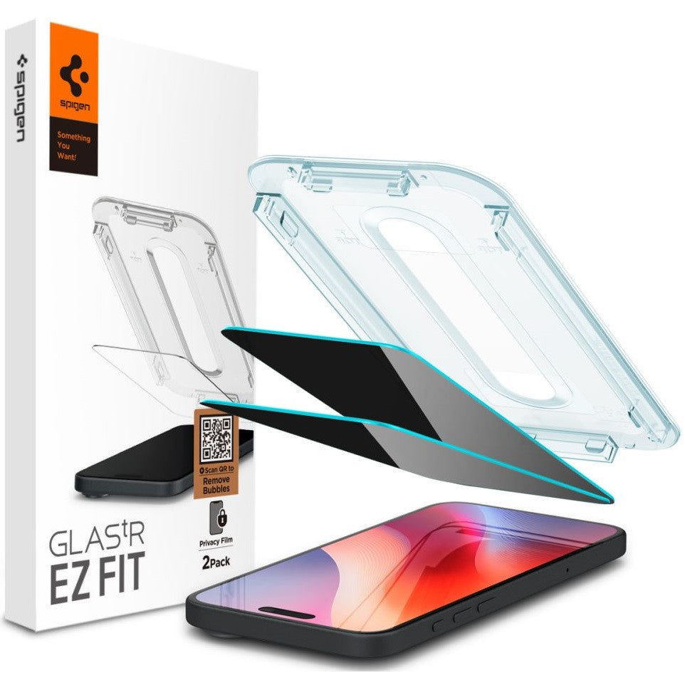 Apple iPhone 16 Pro Max / 17 Pro Max, Kijelzővédő fólia, ütésálló fólia (az íves részre is!), Tempered Glass (edzett üveg), Spigen Ez Fit Privacy, Clear, 2 db / csomag
